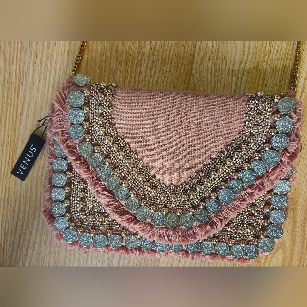 NWT Venus Boho Beaded Fringe Purse Clutch With Coins Made in India Pink Mauve
